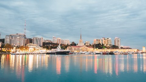 Day to night timelapse of historical center and Sochi sea port