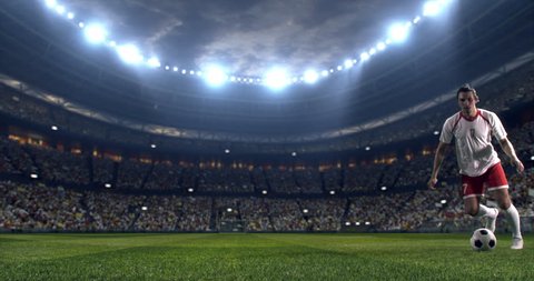 4K video of a soccer player in dramatic play during a soccer game on a professional stadium. He kicks dribbles and kicks the ball. He wears unbranded soccer uniform. Stadium and crowd are made in 3D.