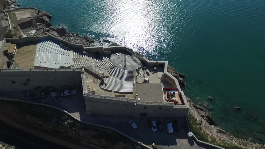 SETE - FRANCE - 2017 - DRONE SHOT - THEATER OF THE SEA AT THE ENTRANCE OF SETE HARBOR.