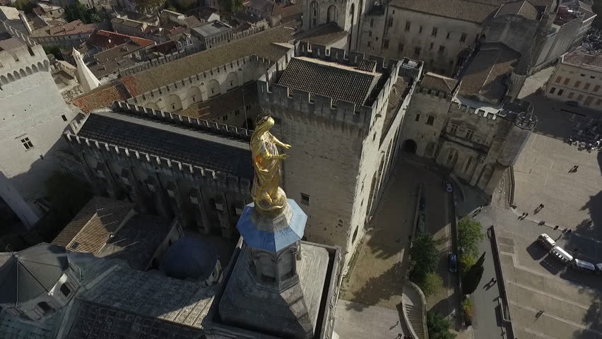 AVIGNON  FRANCE  NOV 2016 - DRONE SHOT - HISTORICAL CENTER AND POPES PALACE SQUARE. ORIGINAL POINT OF VIEW.