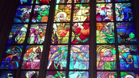 Prague, Czech Republic-2010s: Beautiful stained glass windows decorate a church in Prague, Czech Republic.