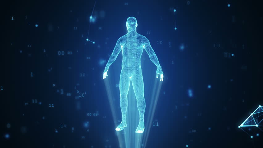 Human hologram from points and polygons in a cloud of binary code and connections