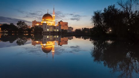 Beautiful sunrise timelapse at the Royal Mosque in Klang, Selangor, Malaysia. 4K UHD. Pan Up Motion Time-lapse.
