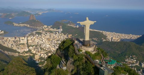 RIO DE JANEIRO, BRAZIL - FEBRUARY 2015: Aerial view of Christ the Redeemer and Botafogo Bay in Rio de Janeiro, Brazil. 