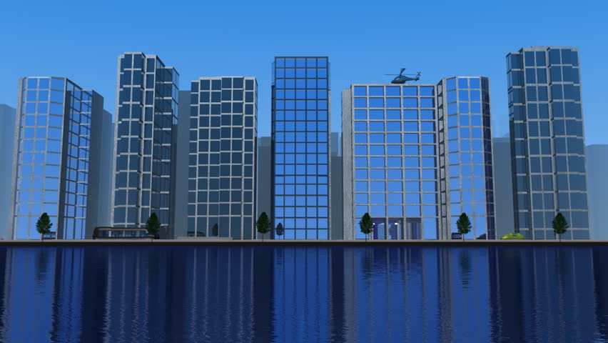A black helicopter takes of from the top of a building in a modern city.  3d