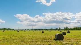 Timelapse of summer meadow with hay bales under blue sky with clouds. Timelaspe footage.