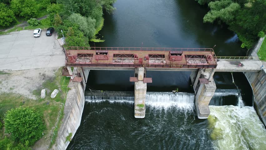 Water dam on a river, aerial shoot