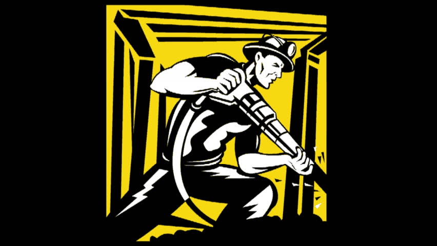 2d animation of a miner with jack drill at work in mine shaft done in retro woodcut style