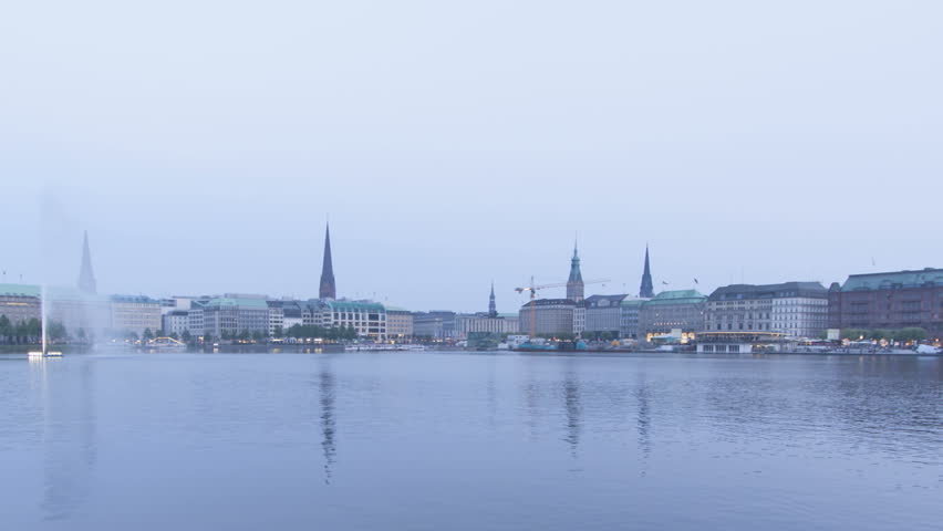 Time lapse sunset Alster Lake and Downtown Hamburg, Germany
