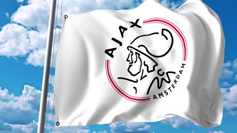 Waving flag with AFC Ajax football club logo. 4K editorial clip