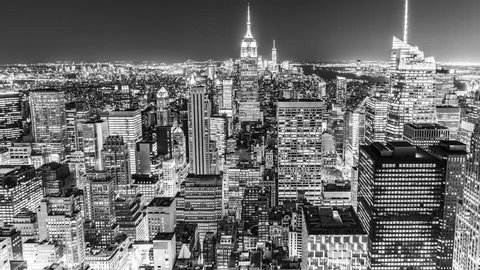 Time Lapse Aerial View over Manhattan New York City at Night in Black and White
