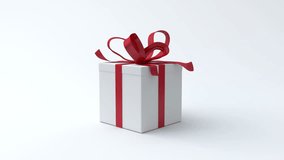 White gift box with red ribbon opening. Include alpha channel and color channel to key individual elements and tracking