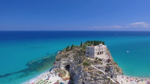 Former 4th century monastery on top of the Sanctuary of Santa Maria Island - Aerial view, Tropea, Calabria, Italy.