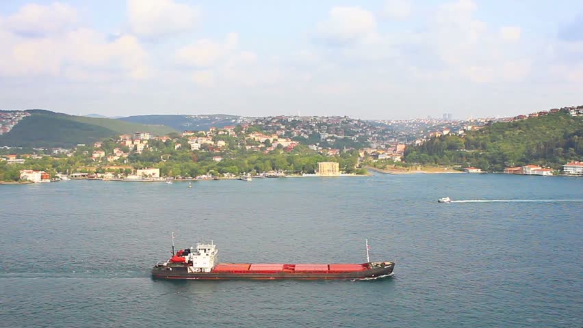 Tanker ship sailing close to the shore
