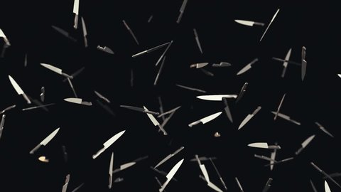 Looping 3d animation of kitchen knives floating in space and slowly rotating against a dark background.