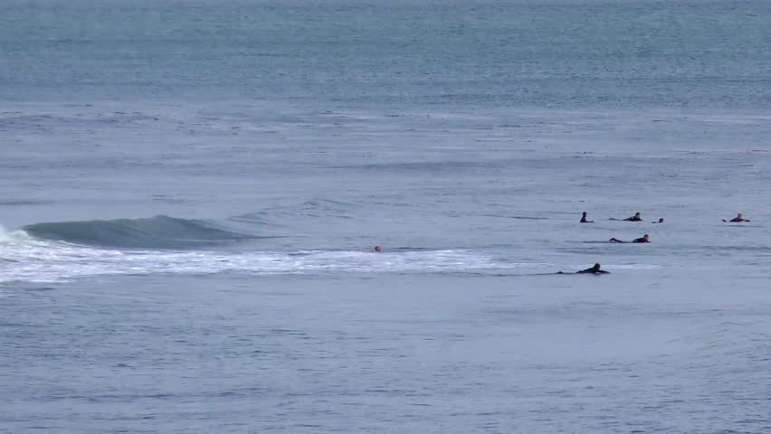Unidentified surfers at Santa Cruz, Pleasure Point, on the northern Monterey Bay in Santa Cruz County, California, USA, a world renowned surf location