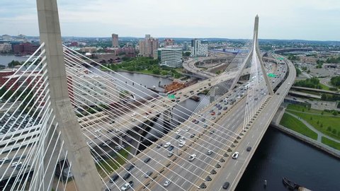 BOSTON, MA, USA - JUNE 30, 2017: Aerial drone footage Boston Massachusetts Zakim Bridge 4k 60p