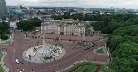 Aerial ascending view of Buckingham Palace in London
