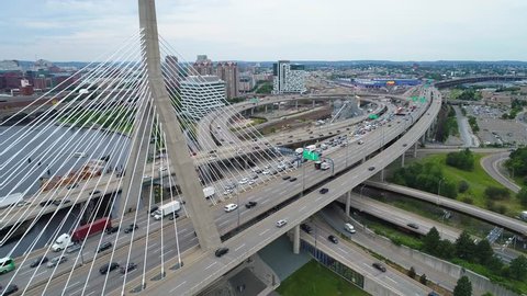 BOSTON, MA, USA - JUNE 30, 2017: Aerial tour Boston Massachusetts Zakim Bridge 4k 60p drone