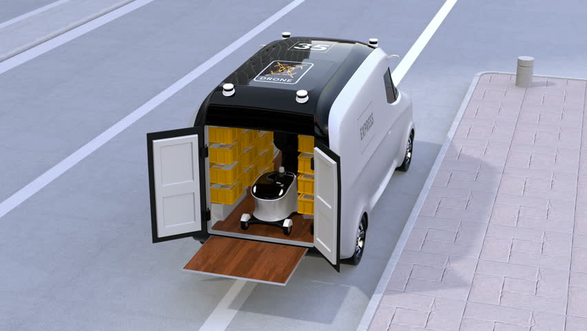 Delivery van releasing self-driving robots and drone to delivering parcels. Automatic delivery system concept. 3D rendering animation. Royalty-Free Stock Footage #28755715