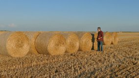 Farmer in wheat field after harvest examining bale, rolled straw, using tablet