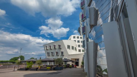 DUESSELDORF / GERMANY - JULY 03 2017 : View of the Neuer Zollhof, designed by the architect Frank O. Gehry and completed in 1998