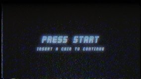 PRESS START INSERT A COIN TO CONTINUE RETRO VHS TV SCREEN / PRESS START RETRO VHS / A retro VHS Screen featuring  Press Start Insert a coin to continue text 