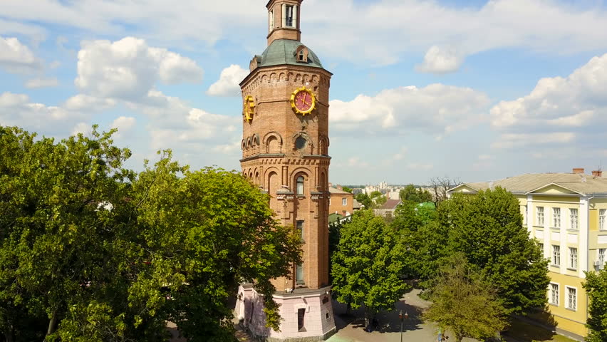 Central street with famous water tower in Vinnitsa, Ukraine