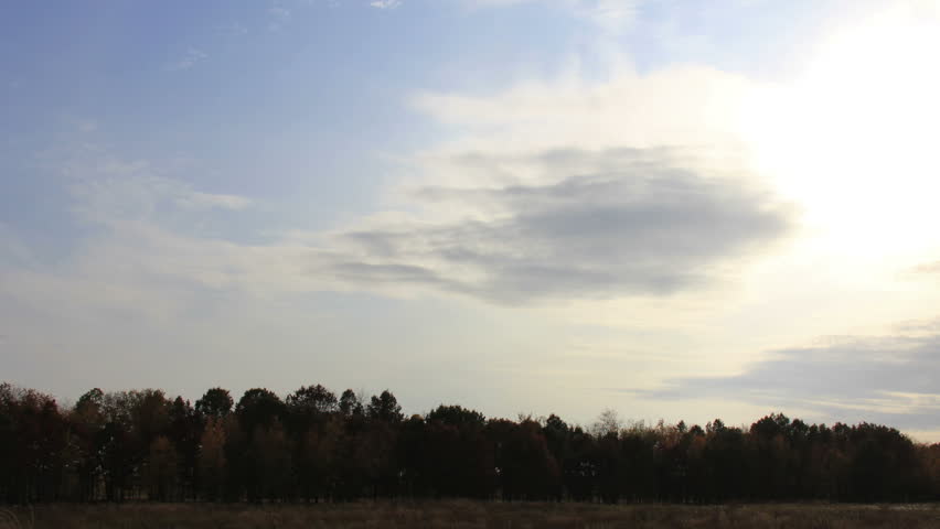 Fall Prairie Time Lapse - Clouds swoop over a line of trees brilliant in fall colors, with prairie grass in the foreground. Shot at Cherokee Marsh in Madison, Wisconsin, midwestern United States.