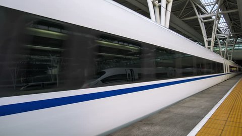 A Chinese Bullet Train leaves Shanghai Hong-qiao Station in Shanghai, China.