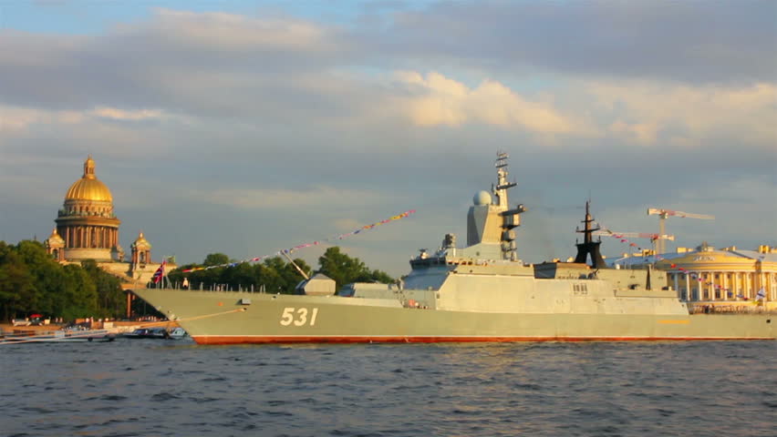 SAINT-PETERSBURG, RUSSIA - JULY 29, 2012: military ship on Neva River - day of