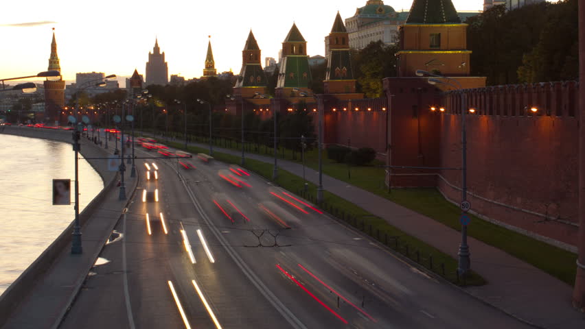 Road and river traffic over Kremlin, Moscow, Russia
