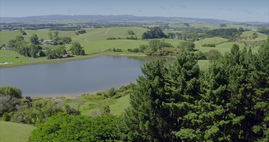 Aerial flying over farm land in Bream Bay, northland, New Zealand
