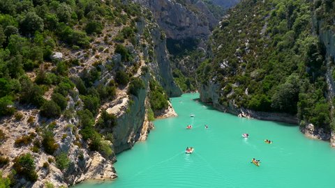 Gorges du Verdon and lake of Sainte-Croix in Provence, France. Panning shot.