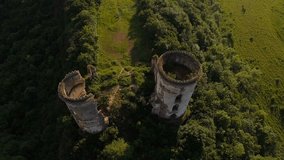 Aerial view of old castle, two towers and forest around