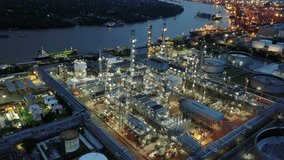 4K Aerial view of oil refinery plant