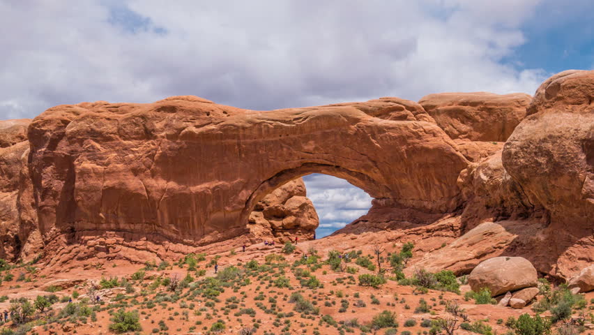  Time lapse of landscape in Arches National Park. North and South Windows. Utah, USA. 