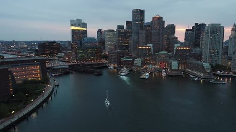 Aerial twilight Boston Downtown 4k 24p