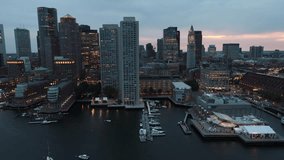 Aerial video Boston illuminated at twilight 4k drone