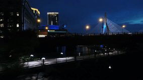 BOSTON, MA, USA - JUNE 30, 2017: Aerial night footage of Zakim Bridge Boston