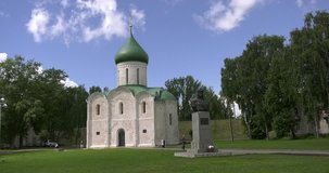 4K video footage view of medieval beautiful Pereslavl-Zalesskiy town center and Spaso-Preobrazenski cathedral, churches and area around it, Golden Ring route 120 km from Moscow, Russia in summer day