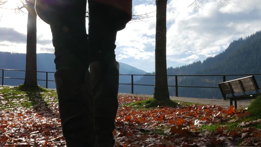 Female In Fall Walking In Beautiful Nelson British Columbia Park With Colored Leaves