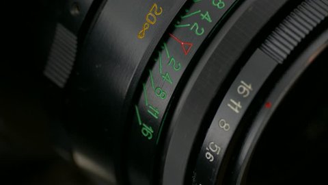 Ungraded: Rotating focus ring of old dusty and dirty metallic photo lens. 