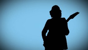 Cool guitarist wearing the baseball cap and the coat is playing the electric guitar on the blue background. Also available the videos in the other colors in portfolio.