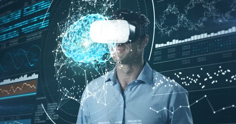 Attentive Caucasian man using virtual reality headset and futuristic screen