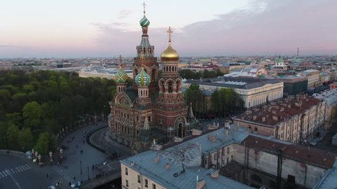 Flying over the Church of the Savior Blood in Saint Petersburg Russia  in the sunny day