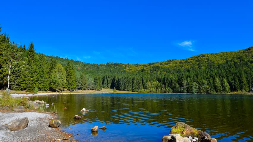 Time lapse clouds move over the lake