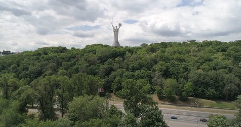 Ukraine. Kiev. June 11, 2017. Motherland. Aerial photography. 4K video. Summer. Overcast. Sculpture. Museum of the History of Ukraine in World War II. Victory Day.