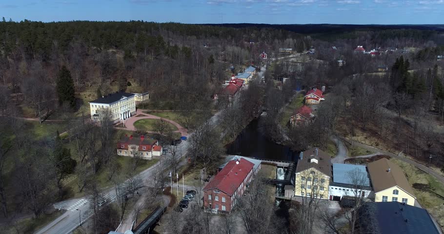 Fiskars village, Cinema 4k aerial view over fiskari steelworks, at a sunny spring day, in Raasepori, Uusimaa, Finland