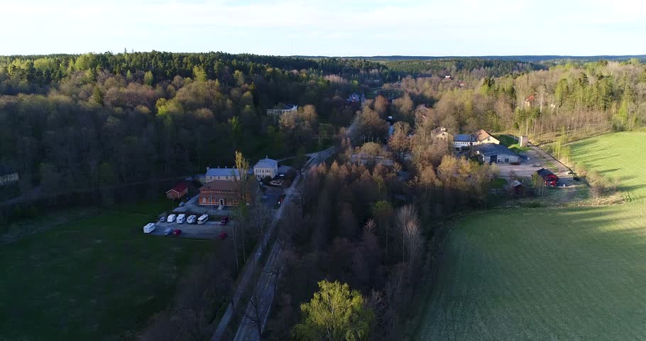 Fiskars village, Cinema 4k aerial viewover fiskari steelworks, at a sunny spring day, in Raasepori, Uusimaa, Finland